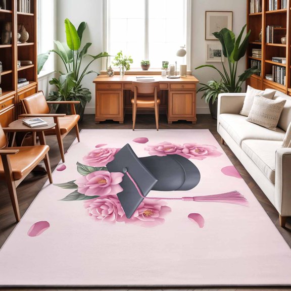 3'x5' Area Rugs, Pink Floral Graduation Cap Indoor Outdoor Area Rug for Living Room Bedroom, Modern Falling Petals Gradient Washable Bathroom Rugs Kitchen Floor Carpet Mats Home Decor Aesthetic