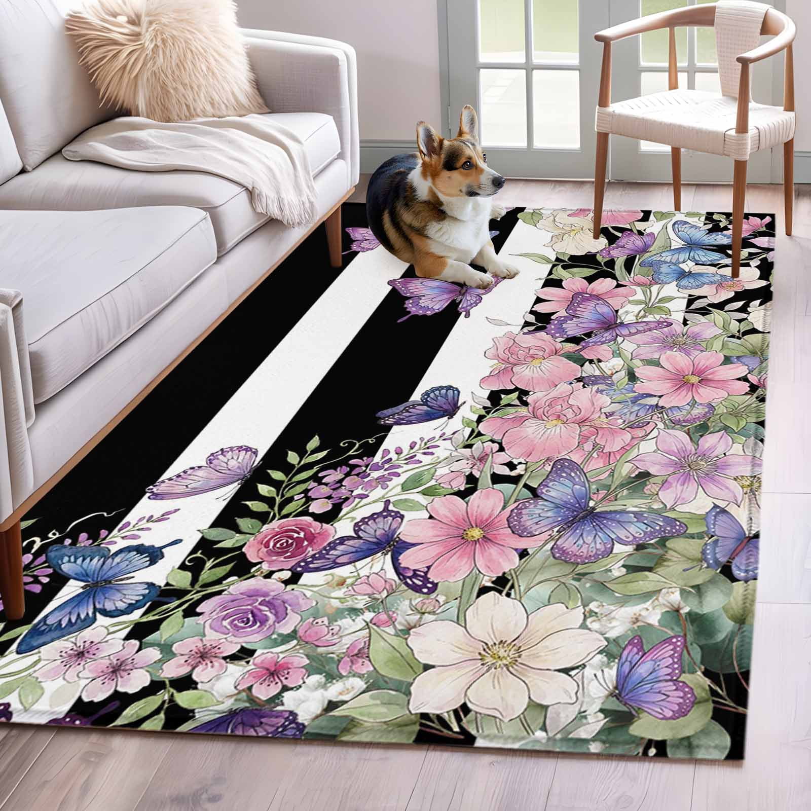 3'x5' Area Rugs, Pink Flowers Indoor Outdoor Area Rug for Living Room Bedroom, Spring Floral Watercolor Botanical Farmhouse Striped Bathroom Rugs Kitchen Floor Carpet Mats Home Decor Aesthetic