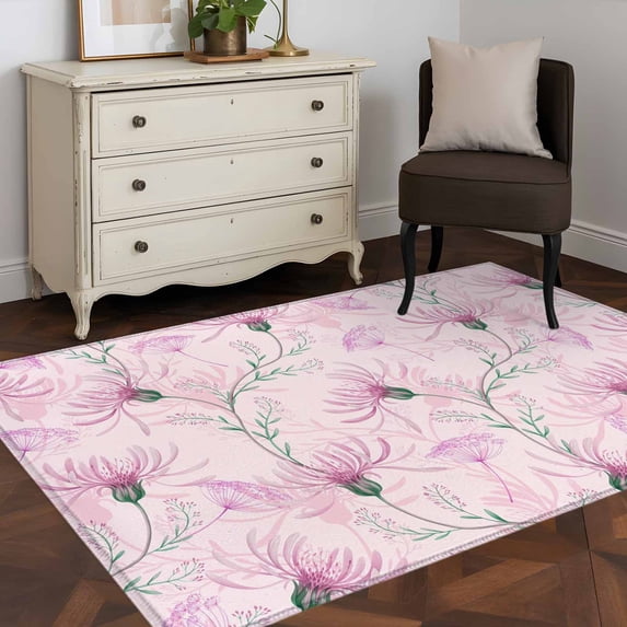 3'x5' Area Rugs, Pink Flowers Indoor Outdoor Area Rug for Living Room Bedroom, Watercolor Country Botanical Floral Vines Washable Bathroom Rugs Kitchen Floor Carpet Mats Home Decor Aesthetic