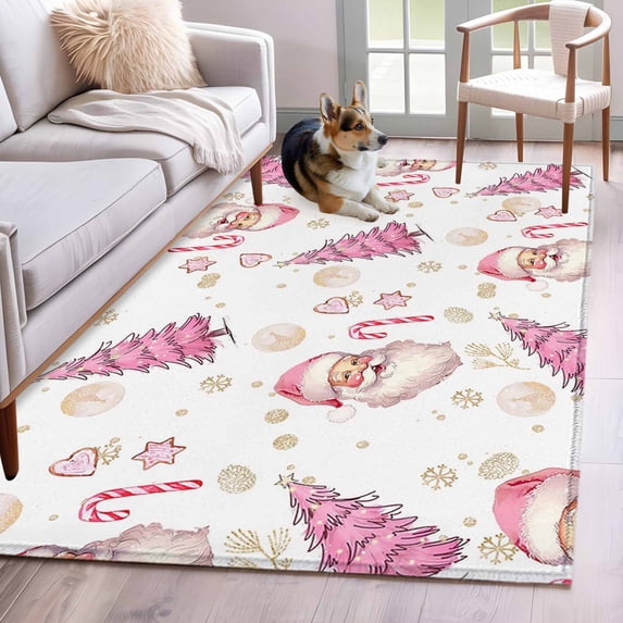 3'x5' Area Rugs, Pink Santa Christmas Indoor Outdoor Area Rug for Living Room Bedroom, Xmas Tree Winter Snowflake Washable Bathroom Rugs Kitchen Floor Carpet Mats Home Decor Aesthetic