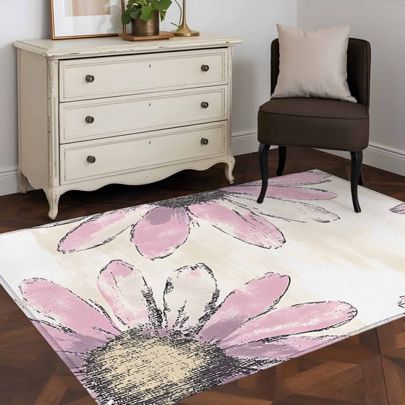 3'x5' Area Rugs, Pink Spring Floral Indoor Outdoor Area Rug for Living Room Bedroom, Summer Flowers Botanical Retro Washable Bathroom Rugs Kitchen Floor Carpet Mats Home Decor Aesthetic