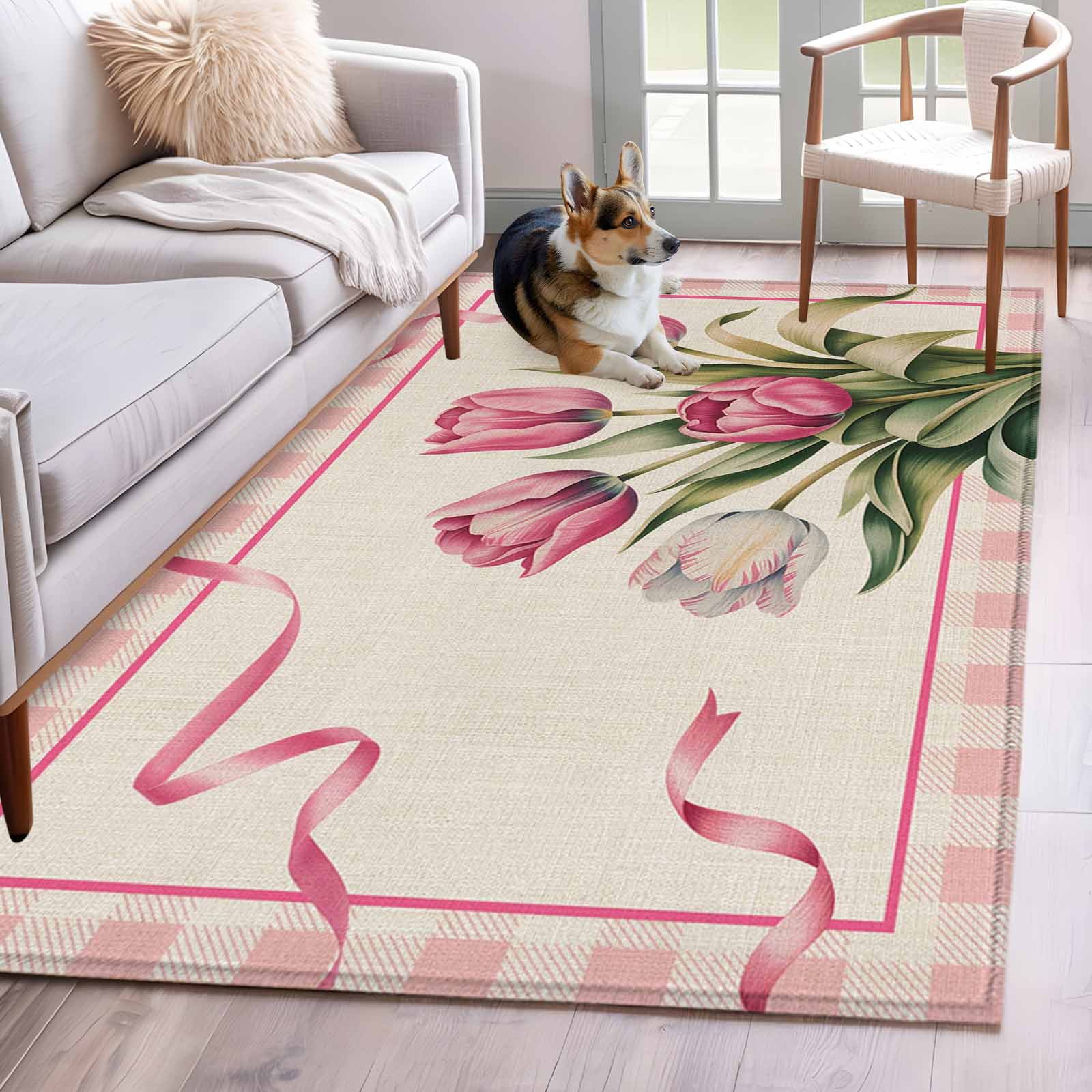 3'x5' Area Rugs, Pink Tulip Indoor Outdoor Area Rug for Living Room ...
