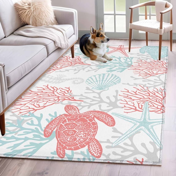 3'x5' Area Rugs, Red Aqua Coastal Indoor Outdoor Area Rug for Living Room Bedroom, Sea Turtle Nautical Coral Summer Beach Washable Bathroom Rugs Kitchen Floor Carpet Mats Home Decor Aesthetic