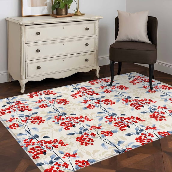 3'x5' Area Rugs, Red Flowers Indoor Outdoor Area Rug for Living Room Bedroom, Country Spring Botanical Floral Leaves Herbs Washable Bathroom Rugs Kitchen Floor Carpet Mats Home Decor Aesthetic