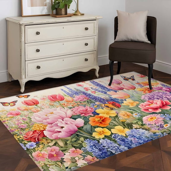 3'x5' Area Rugs, Red Pink Flowers Indoor Outdoor Area Rug for Living Room Bedroom, Spring Lavender Pastoral Botanical Washable Bathroom Rugs Kitchen Floor Carpet Mats Home Decor Aesthetic