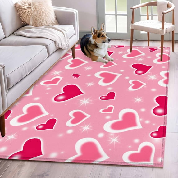 3'x5' Area Rugs, Red Pink Valentines Indoor Outdoor Area Rug for Living Room Bedroom, Love Heart Pink Washable Bathroom Rugs Kitchen Floor Carpet Mats Home Decor Aesthetic