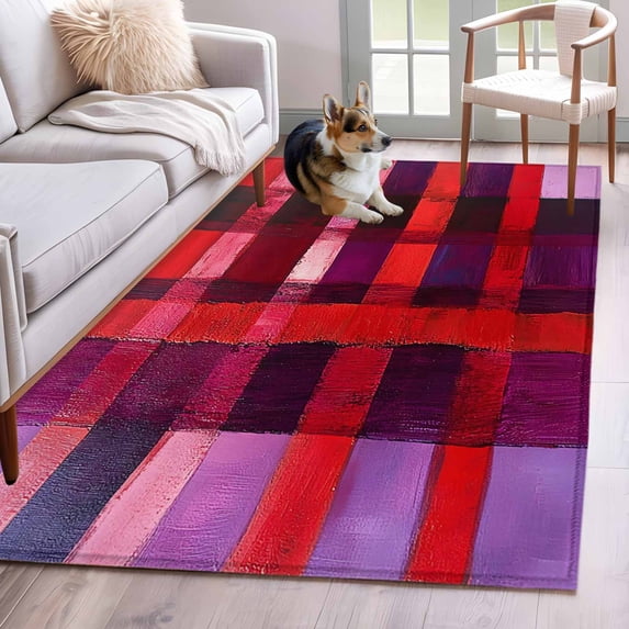 3'x5' Area Rugs, Red Purple Indoor Outdoor Area Rug for Living Room Bedroom, Striped Plaid Modern Abstract Oil Painting Washable Bathroom Rugs Kitchen Floor Carpet Mats Home Decor Aesthetic