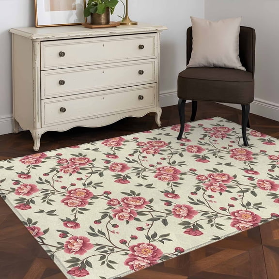 3'x5' Area Rugs, Red Roses Spring Indoor Outdoor Area Rug for Living Room Bedroom, Farmhouse Flower Botanical Washable Bathroom Rugs Kitchen Floor Carpet Mats Home Decor Aesthetic