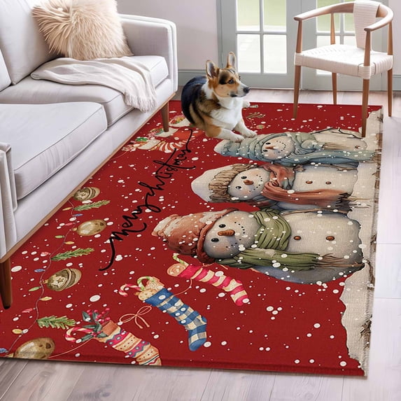 3'x5' Area Rugs, Red Snowman Christmas Indoor Outdoor Area Rug for Living Room Bedroom, Xmas Stocking Winter Snowflake Washable Bathroom Rugs Kitchen Floor Carpet Mats Home Decor Aesthetic