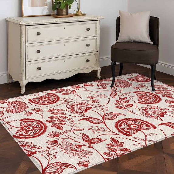 3'x5' Area Rugs, Red Spring Floral Indoor Outdoor Area Rug for Living Room Bedroom, Summer Botanical Farmhouse Washable Bathroom Rugs Kitchen Floor Carpet Mats Home Decor Aesthetic
