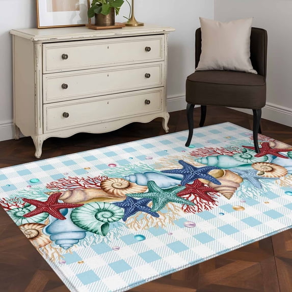 3'x5' Area Rugs, Red Starfish Indoor Outdoor Area Rug for Living Room Bedroom, Summer Conch Coral Beach Blue Plaid Washable Bathroom Rugs Kitchen Floor Carpet Mats Home Decor Aesthetic