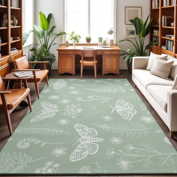3'x5' Area Rugs, Sage Green Butterfly Botanical Indoor Outdoor Area Rug for Living Room Bedroom, Summer Plants Line Art Washable Bathroom Rugs Kitchen Floor Carpet Mats Home Decor Aesthetic