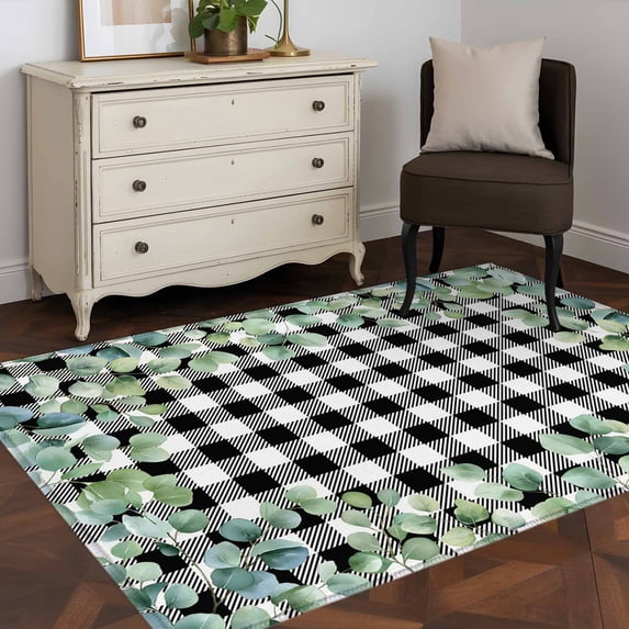 3'x5' Area Rugs, Sage Green Eucalyptus Indoor Outdoor Area Rug for Living Room Bedroom, Spring Leaves Black White Plaid Washable Bathroom Rugs Kitchen Floor Carpet Mats Home Decor Aesthetic