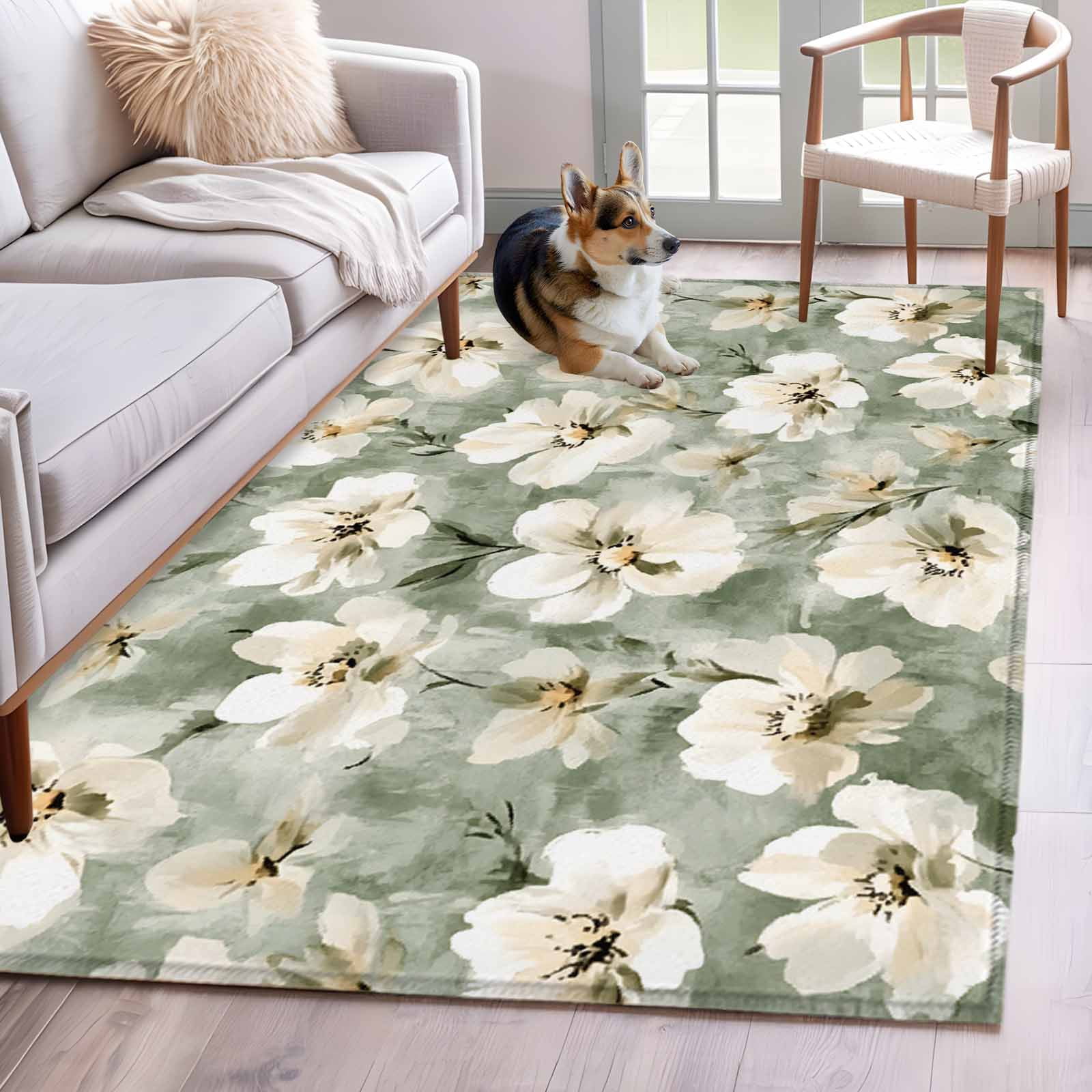 3'x5' Area Rugs, Sage Green Spring Floral Indoor Outdoor Area Rug for Living Room Bedroom, Summer Botanical Flowers Washable Bathroom Rugs Kitchen Floor Carpet Mats Home Decor Aesthetic