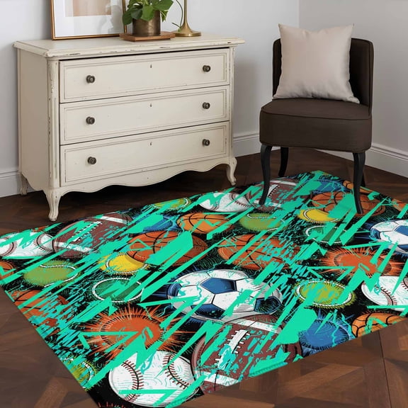 3'x5' Area Rugs, Sports Theme Indoor Outdoor Area Rug for Living Room Bedroom, Funny Abstract Football Rugby Basketball Washable Bathroom Rugs Kitchen Floor Carpet Mats Home Decor Aesthetic
