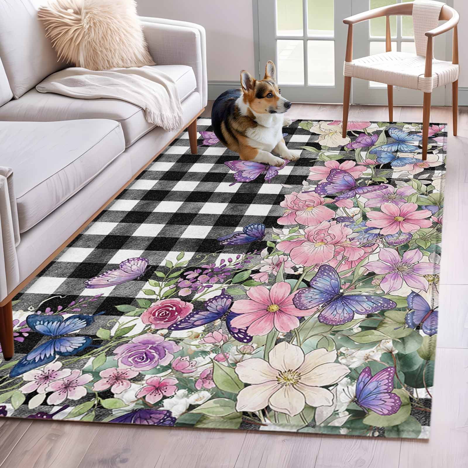 3'x5' Area Rugs, Spring Floral Indoor Outdoor Area Rug for Living Room Bedroom, Black White Checkered Farmhouse Butterfly Washable Bathroom Rugs Kitchen Floor Carpet Mats Home Decor Aesthetic