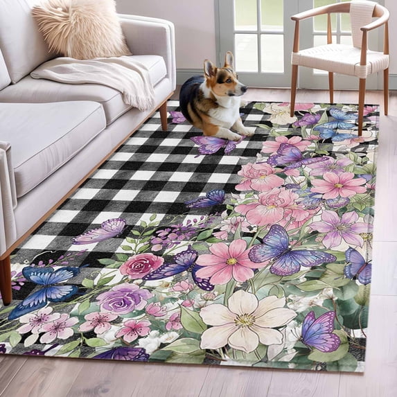 3'x5' Area Rugs, Spring Floral Indoor Outdoor Area Rug for Living Room Bedroom, Black White Checkered Farmhouse Butterfly Washable Bathroom Rugs Kitchen Floor Carpet Mats Home Decor Aesthetic