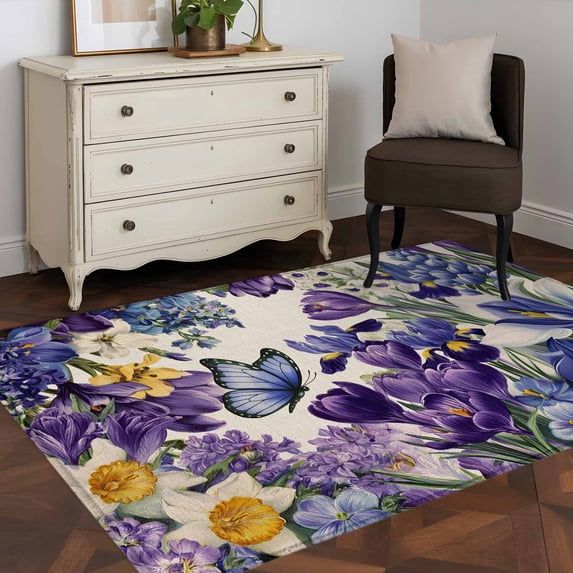 3'x5' Area Rugs, Spring Floral Indoor Outdoor Area Rug for Living Room Bedroom, Purple Tulips Hydrangeas Butterflies Beige Washable Bathroom Rugs Kitchen Floor Carpet Mats Home Decor Aesthetic