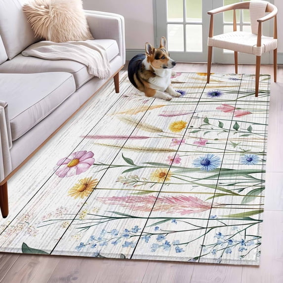 3'x5' Area Rugs, Spring Floral Indoor Outdoor Area Rug for Living Room Bedroom, Vintage Summer Wild Flower Botanical Washable Bathroom Rugs Kitchen Floor Carpet Mats Home Decor Aesthetic