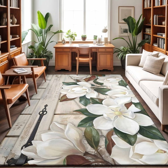 3'x5' Area Rugs, Spring Floral Indoor Outdoor Area Rug for Living Room Bedroom, White Magnolia Flowers Barn Door Farmhouse Beige Washable Bathroom Rugs Kitchen Floor Carpet Mats Home Decor Aesthetic