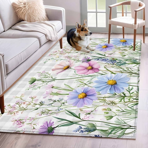 3'x5' Area Rugs, Spring Floral Indoor Outdoor Area Rug for Living Room Bedroom, Wildflowers Herbs Summer Botanical Plaid Washable Bathroom Rugs Kitchen Floor Carpet Mats Home Decor Aesthetic