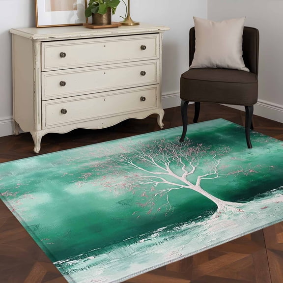 3'x5' Area Rugs, Spring Green Tree Indoor Outdoor Area Rug for Living Room Bedroom, Botanical Plants Impressionist Painting Washable Bathroom Rugs Kitchen Floor Carpet Mats Home Decor Aesthetic