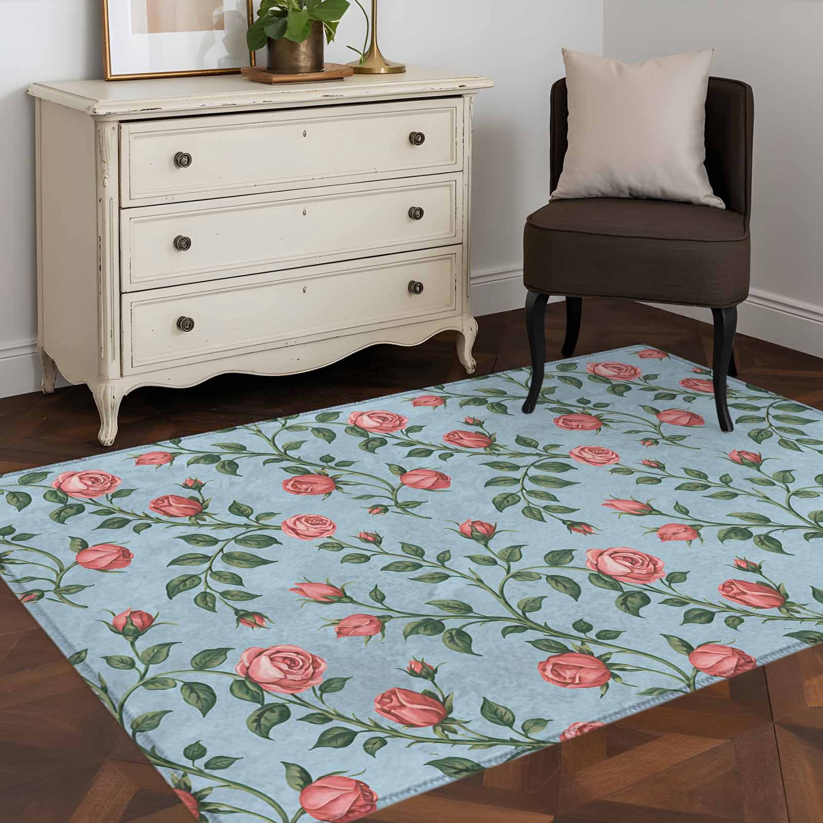 3'x5' Area Rugs, Spring Roses Botanical Indoor Outdoor Area Rug for Living Room Bedroom, Farmhouse Floral Blue Washable Bathroom Rugs Kitchen Floor Carpet Mats Home Decor Aesthetic