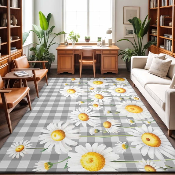 3'x5' Area Rugs, Spring White Daisy Indoor Outdoor Area Rug for Living Room Bedroom, Farmhouse Floral Gray Buffalo Plaid Washable Bathroom Rugs Kitchen Floor Carpet Mats Home Decor Aesthetic