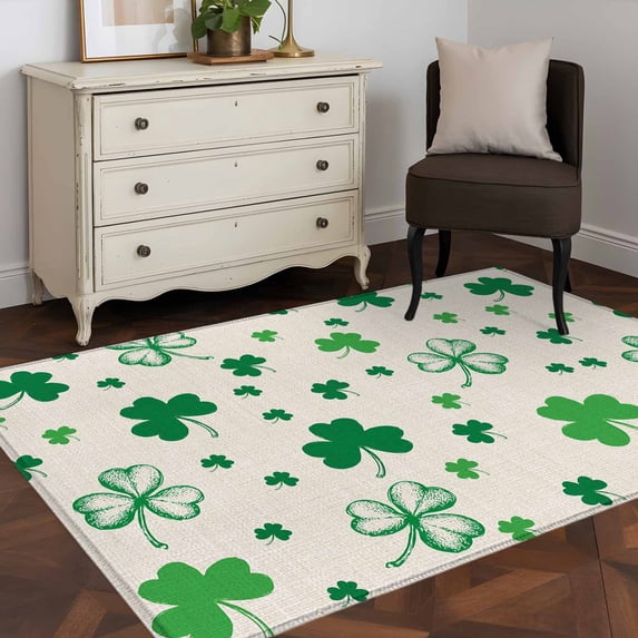 3'x5' Area Rugs, St. Patrick's Day Indoor Outdoor Area Rug for Living Room Bedroom, Spring Green Shamrock Plant Beige Washable Bathroom Rugs Kitchen Floor Carpet Mats Home Decor Aesthetic