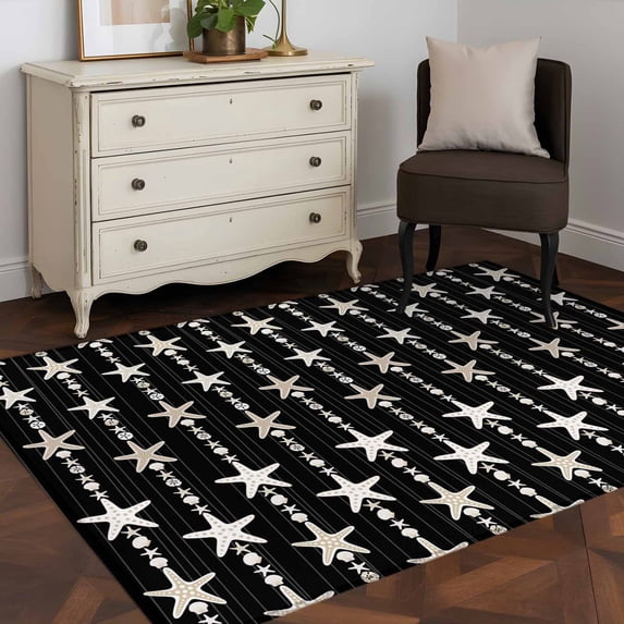 3'x5' Area Rugs, Starfish Black Indoor Outdoor Area Rug for Living Room Bedroom, Coastal Ocean Summer Sea Beach Washable Bathroom Rugs Kitchen Floor Carpet Mats Home Decor Aesthetic