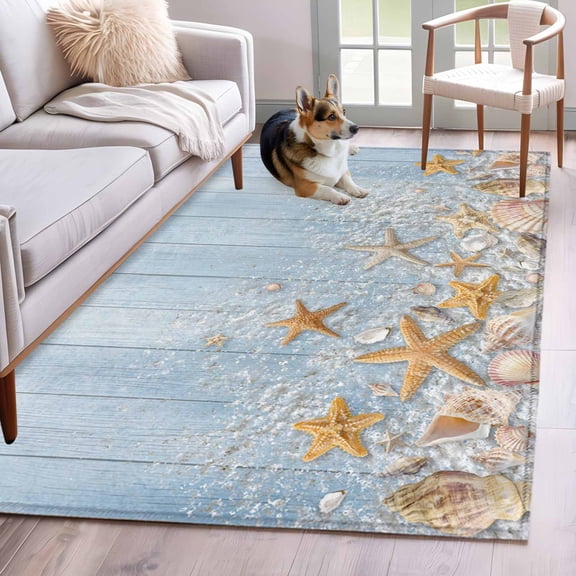 3'x5' Area Rugs, Starfish Summer Beach Indoor Outdoor Area Rug for Living Room Bedroom, Coastal Ocean Wooden Sea Shell Washable Bathroom Rugs Kitchen Floor Carpet Mats Home Decor Aesthetic