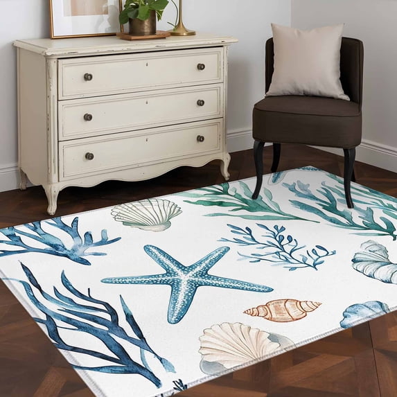 3'x5' Area Rugs, Summer Coastal Indoor Outdoor Area Rug for Living Room Bedroom, Ocean Watercolor Starfish Shell Seaweed Washable Bathroom Rugs Kitchen Floor Carpet Mats Home Decor Aesthetic