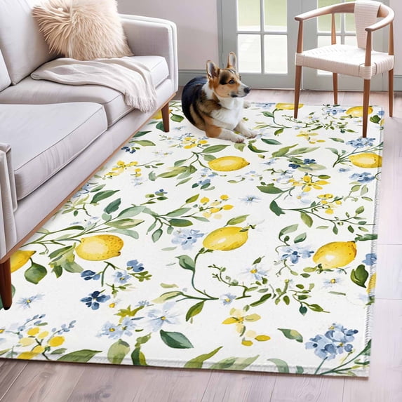 3'x5' Area Rugs, Summer Lemon Indoor Outdoor Area Rug for Living Room Bedroom, Yellow Spring Floral Botanical Washable Bathroom Rugs Kitchen Floor Carpet Mats Home Decor Aesthetic