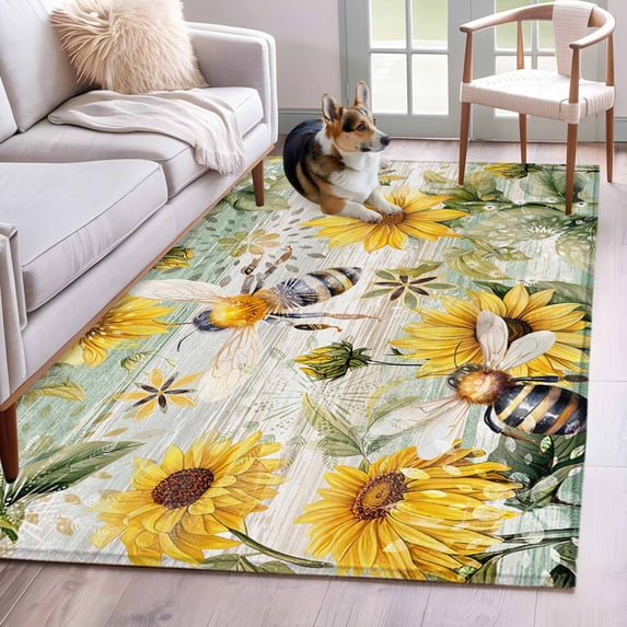 3'x5' Area Rugs, Sunflower Bee Indoor Outdoor Area Rug for Living Room Bedroom, Vintage Summer Botanical Farmhouse Washable Bathroom Rugs Kitchen Floor Carpet Mats Home Decor Aesthetic