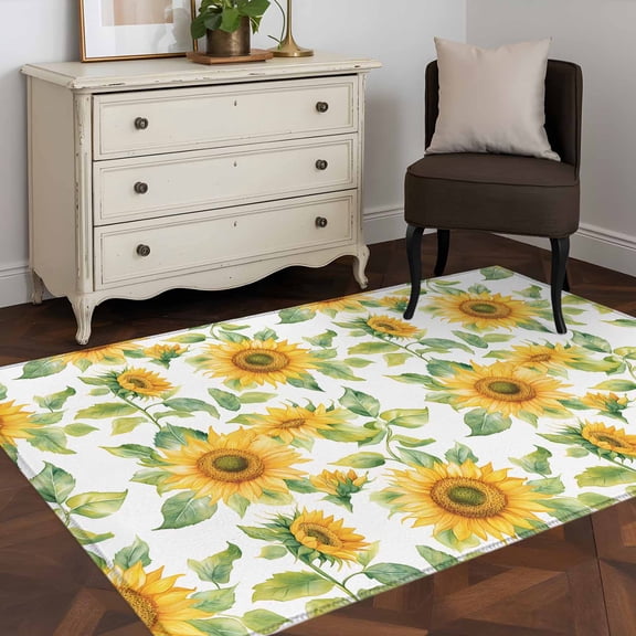 3'x5' Area Rugs, Sunflower Indoor Outdoor Area Rug for Living Room Bedroom, Watercolor Summer Botanical Pastoral Washable Bathroom Rugs Kitchen Floor Carpet Mats Home Decor Aesthetic