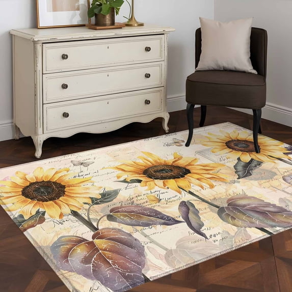 3'x5' Area Rugs, Sunflower Indoor Outdoor Area Rug for Living Room Bedroom, Yellow Summer Botanical Farmhouse Flower Washable Bathroom Rugs Kitchen Floor Carpet Mats Home Decor Aesthetic