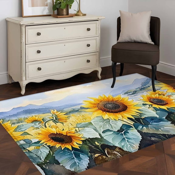 3'x5' Area Rugs, Sunflower Summer Indoor Outdoor Area Rug for Living Room Bedroom, Vintage Farmhouse Field Floral Washable Bathroom Rugs Kitchen Floor Carpet Mats Home Decor Aesthetic