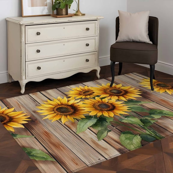 3'x5' Area Rugs, Sunflowers Indoor Outdoor Area Rug for Living Room Bedroom, Rustic Summer Botanical Floral Wooden Grain Washable Bathroom Rugs Kitchen Floor Carpet Mats Home Decor Aesthetic