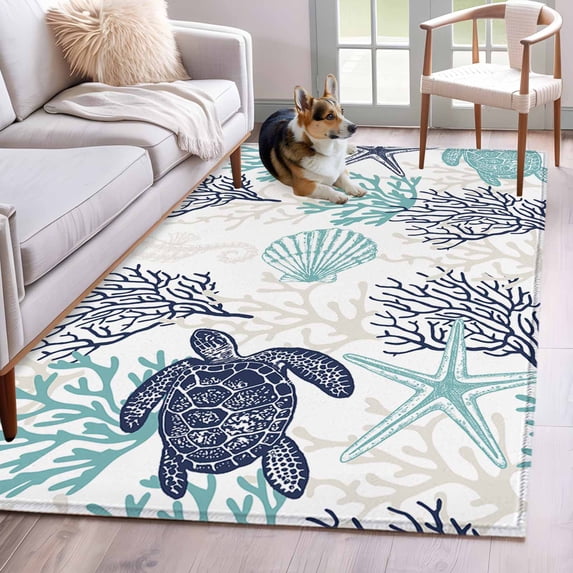 3'x5' Area Rugs, Teal Blue Coastal Indoor Outdoor Area Rug for Living Room Bedroom, Sea Turtle Nautical Coral Summer Beach Washable Bathroom Rugs Kitchen Floor Carpet Mats Home Decor Aesthetic