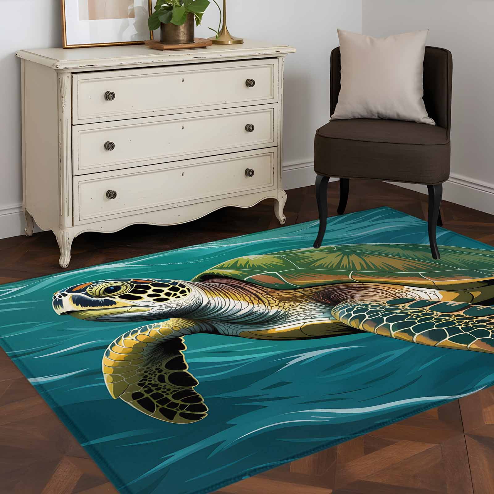 Blue Turtle Rug 3'x5' Area Rugs, Teal Blue Turtle Coastal Indoor Outdoor Area Rug for ...