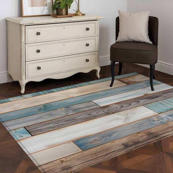 3'x5' Area Rugs, Teal Brown Farmhouse Indoor Outdoor Area Rug for Living Room Bedroom, Vintage Retro Wooden Washable Bathroom Rugs Kitchen Floor Carpet Mats Home Decor Aesthetic