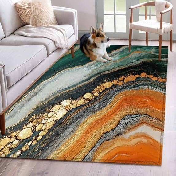 3'x5' Area Rugs, Teal Orange Marble Indoor Outdoor Area Rug for Living Room Bedroom, Modern Ink Painting Striped Abstract Washable Bathroom Rugs Kitchen Floor Carpet Mats Home Decor Aesthetic