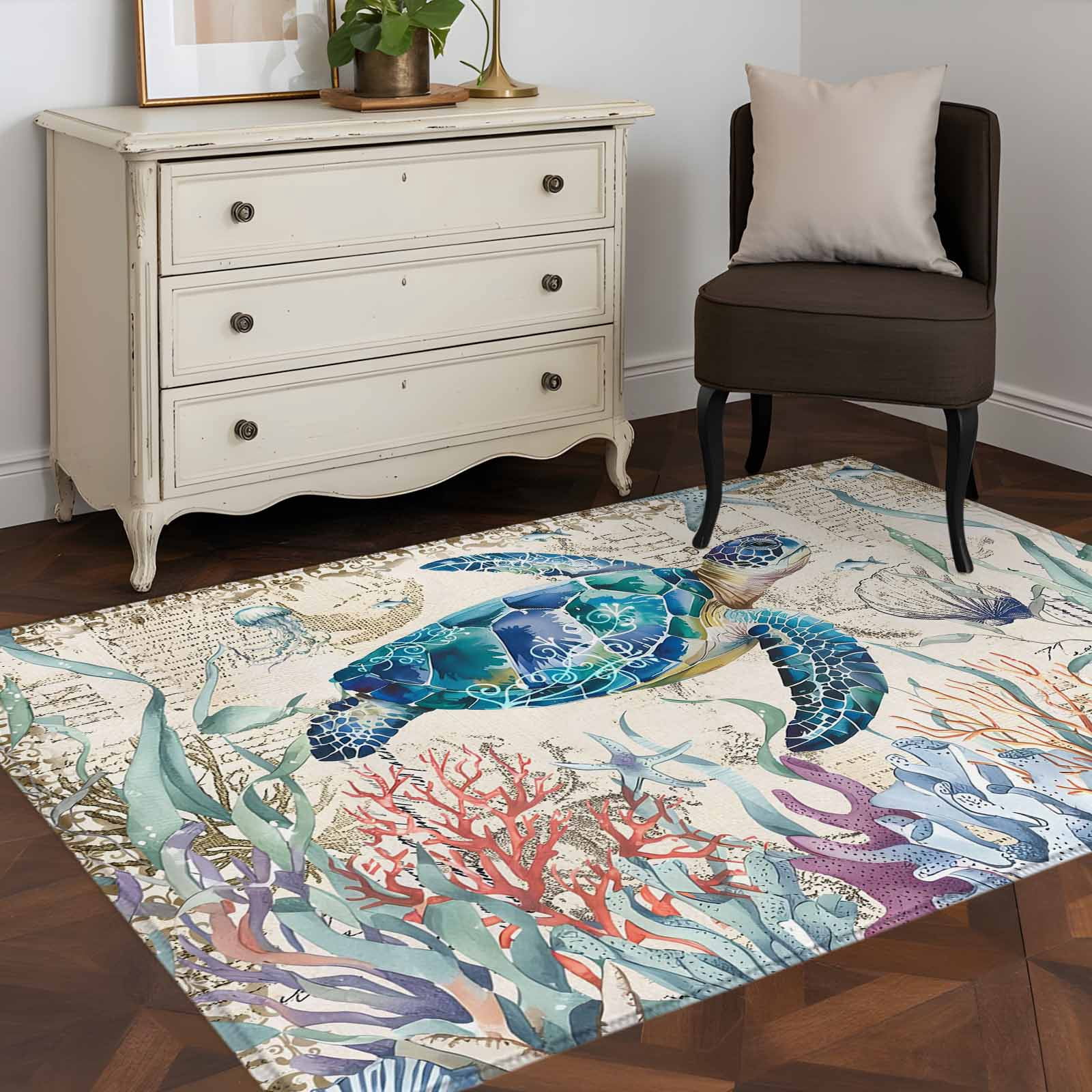 Turtle Rug Cream 3'x5' Area Rugs, Teal Sea Turtle Coastal Indoor Outdoor Area Rug for ...