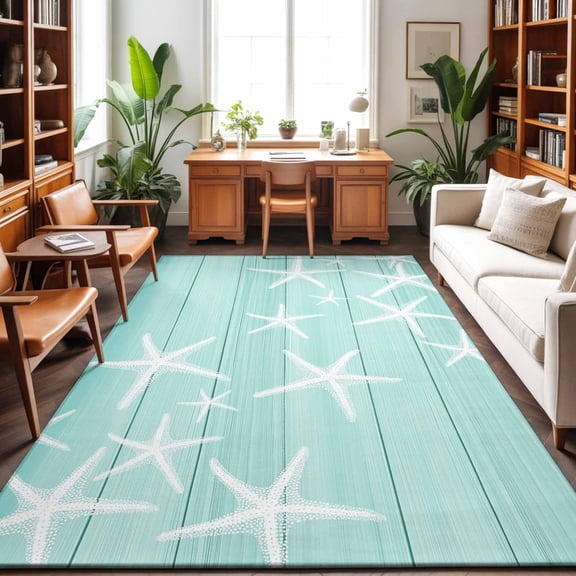3'x5' Area Rugs, Teal Starfish Coastal Indoor Outdoor Area Rug for Living Room Bedroom, Summer Beach Nautical Ocean Wooden Washable Bathroom Rugs Kitchen Floor Carpet Mats Home Decor Aesthetic