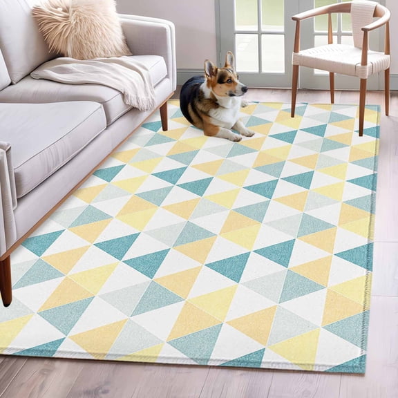 3'x5' Area Rugs, Teal Yellow Geometric Indoor Outdoor Area Rug for Living Room Bedroom, Modern Triangle Abstract Art Washable Bathroom Rugs Kitchen Floor Carpet Mats Home Decor Aesthetic