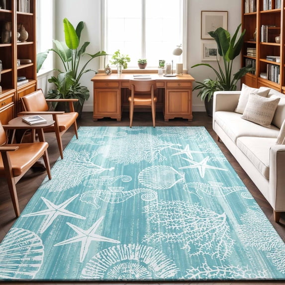 3'x5' Area Rugs, Turquoise Coastal Indoor Outdoor Area Rug for Living Room Bedroom, Nautical Coral Starfish Shell Seahorse Ocean Washable Bathroom Rugs Kitchen Floor Carpet Mats Home Decor Aesthetic