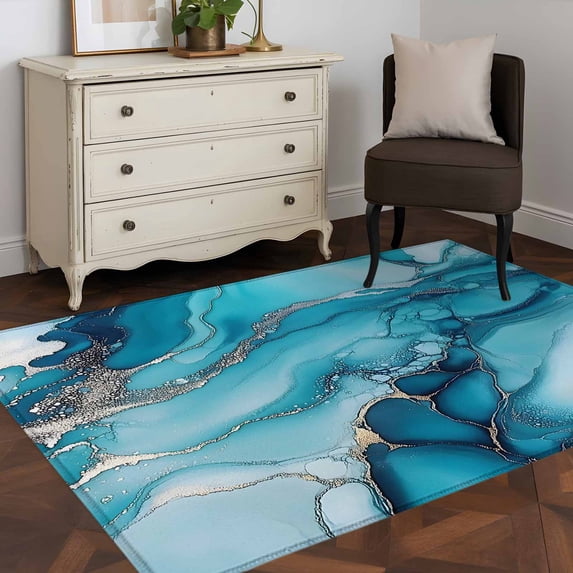 3'x5' Area Rugs, Turquoise Marble Indoor Outdoor Area Rug for Living Room Bedroom, Teal Grey Modern Geometric Washable Bathroom Rugs Kitchen Floor Carpet Mats Home Decor Aesthetic