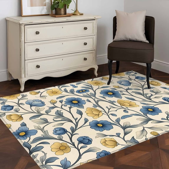 3'x5' Area Rugs, Vintage Blue Yellow Indoor Outdoor Area Rug for Living Room Bedroom, Spring Enchanted Garden Florals Washable Bathroom Rugs Kitchen Floor Carpet Mats Home Decor Aesthetic