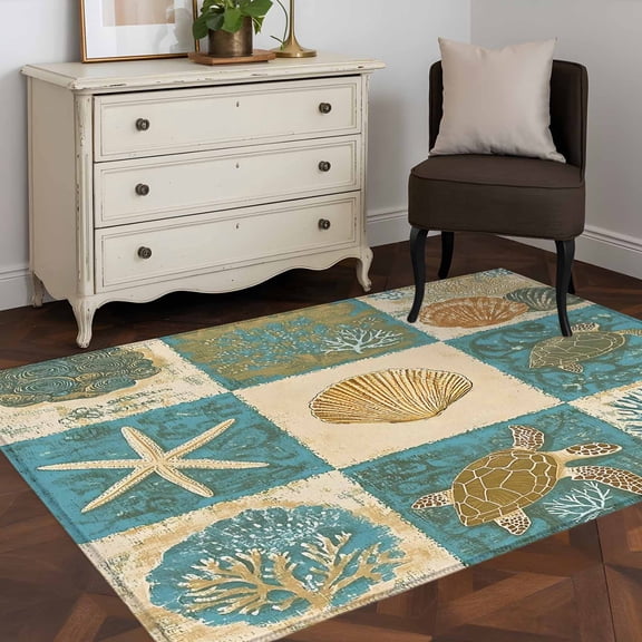 3'x5' Area Rugs, Vintage Coastal Indoor Outdoor Area Rug for Living Room Bedroom, Summer Beach Sea Turtle Shell Starfish Washable Bathroom Rugs Kitchen Floor Carpet Mats Home Decor Aesthetic