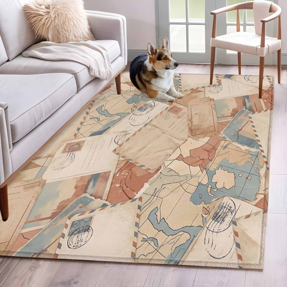 3'x5' Area Rugs, Vintage Envelope Indoor Outdoor Area Rug for Living Room Bedroom, Abstract Art Travel Maps Washable Bathroom Rugs Kitchen Floor Carpet Mats Home Decor Aesthetic